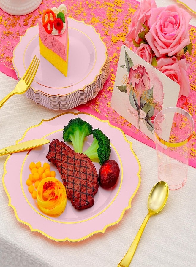 ISFANGCO 175 PCS Pink Plastic Plates for 25 Guests, Pink and Gold Disposable Dinnerware Set for Party Wedding Include 25 Dinner & 25 Dessert Plates, Spoons, Forks, Knives, Cups, 25 Napkins - Image 5