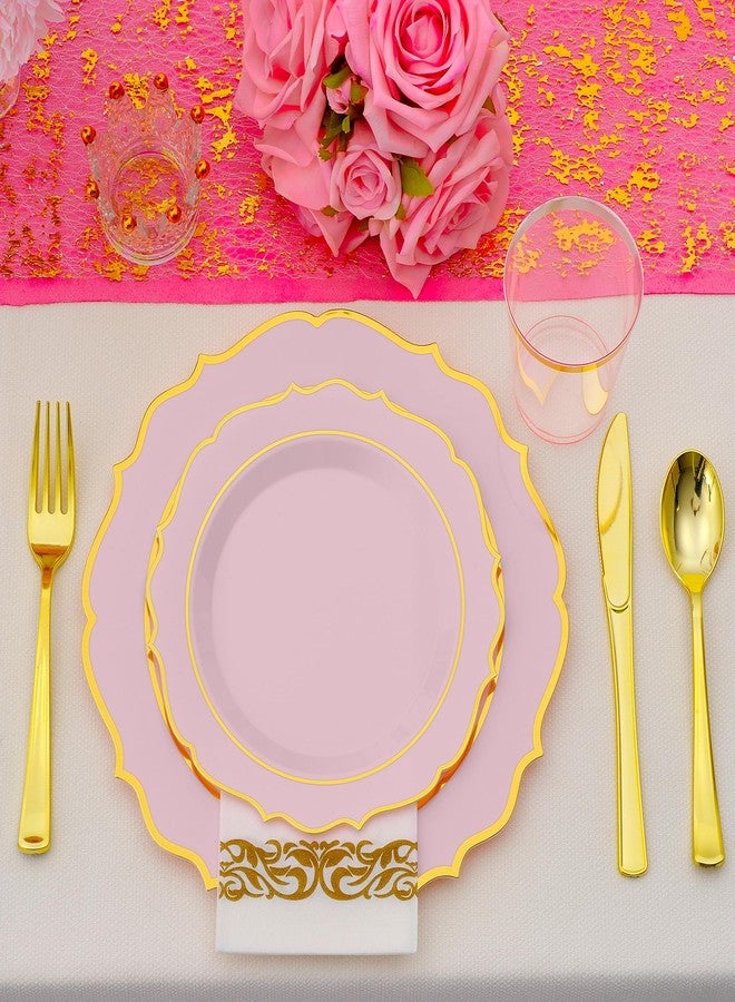 ISFANGCO 175 PCS Pink Plastic Plates for 25 Guests, Pink and Gold Disposable Dinnerware Set for Party Wedding Include 25 Dinner & 25 Dessert Plates, Spoons, Forks, Knives, Cups, 25 Napkins - Image 4