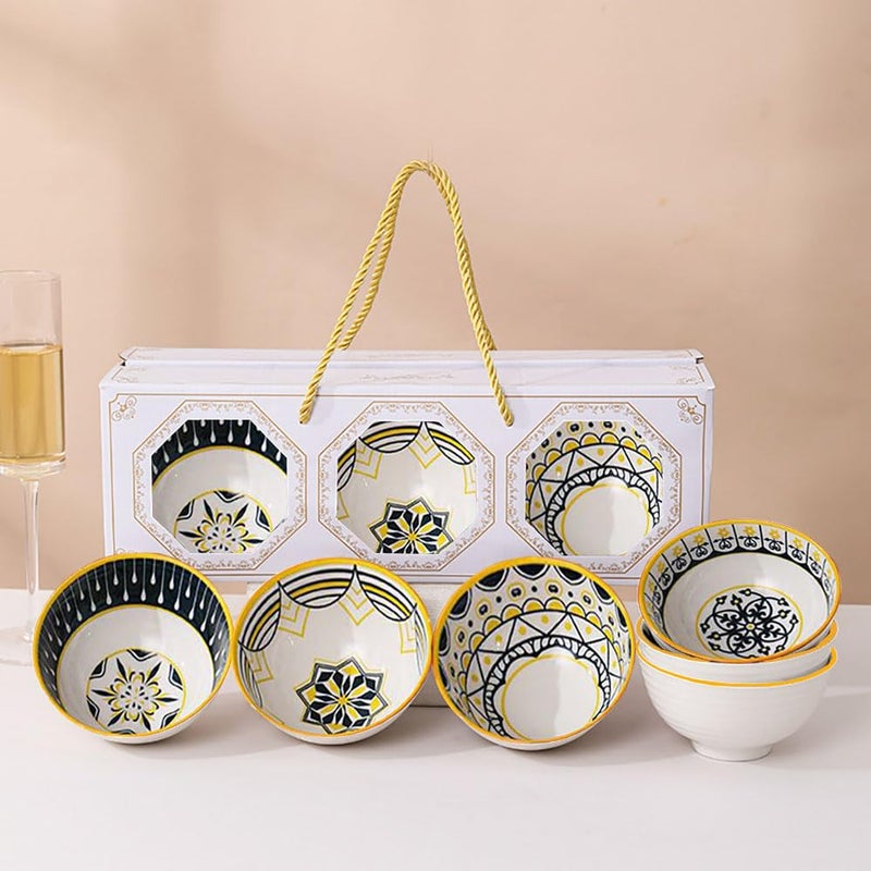 P Plus Fire Japanese Bowls for Ramen, Soup, Cereal, Fruit, Salad, Pasta, Japanese Style Porcelain Bowls Set, Bowl Gift Set, Suitable for Microwave, Dishwasher Safe (Set of 6, Random Pattern) - Image 1