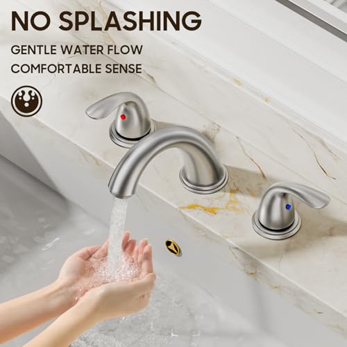 Phiestina 8 Inch 2 Handles 3 Holes Deck Mount Brushed Nickel Widespread Bathroom Faucet, with Stainless Steel Pop Up Drain, WF008-5-BN - Image 5