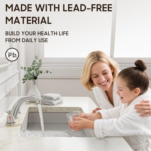 Phiestina 8 Inch 2 Handles 3 Holes Deck Mount Brushed Nickel Widespread Bathroom Faucet, with Stainless Steel Pop Up Drain, WF008-5-BN - Image 4