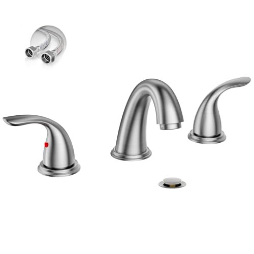 Phiestina 8 Inch 2 Handles 3 Holes Deck Mount Brushed Nickel Widespread Bathroom Faucet, with Stainless Steel Pop Up Drain, WF008-5-BN - Image 1