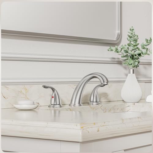 Phiestina 8 Inch 2 Handles 3 Holes Deck Mount Brushed Nickel Widespread Bathroom Faucet, with Stainless Steel Pop Up Drain, WF008-5-BN - Image 2
