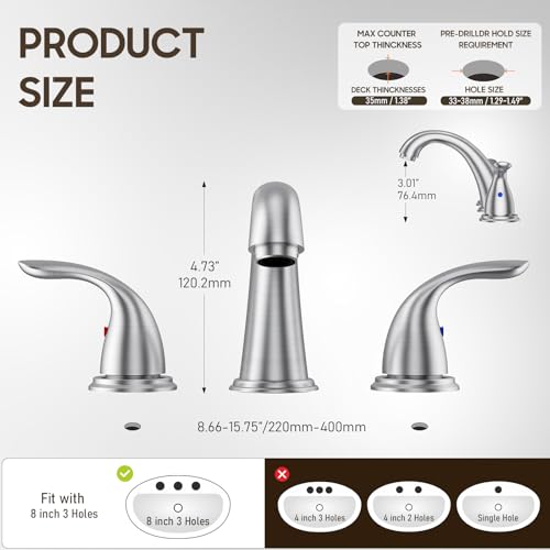 Phiestina 8 Inch 2 Handles 3 Holes Deck Mount Brushed Nickel Widespread Bathroom Faucet, with Stainless Steel Pop Up Drain, WF008-5-BN - Image 3
