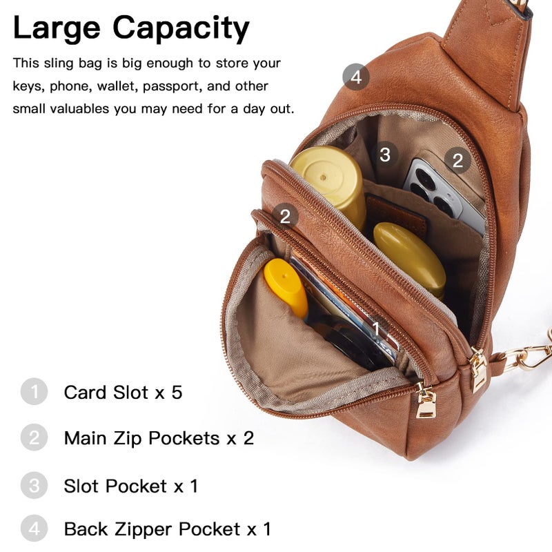 Telena Sling Bag for Women Leather Fanny Pack Crossboday Backpack Brown - Image 3
