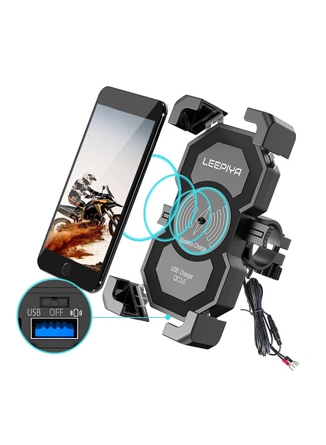 leepiya حامل هاتف دراجة نارية مطور مع شاحن لاسلكي و USB 15W شحن سريع للهاتف المحمول لحامل دراجة نارية ATV قارب سكوتر ثلجي متوافق مع iPhone 12 11 Xs MAX XR X 8 8P Samsung - Image 1