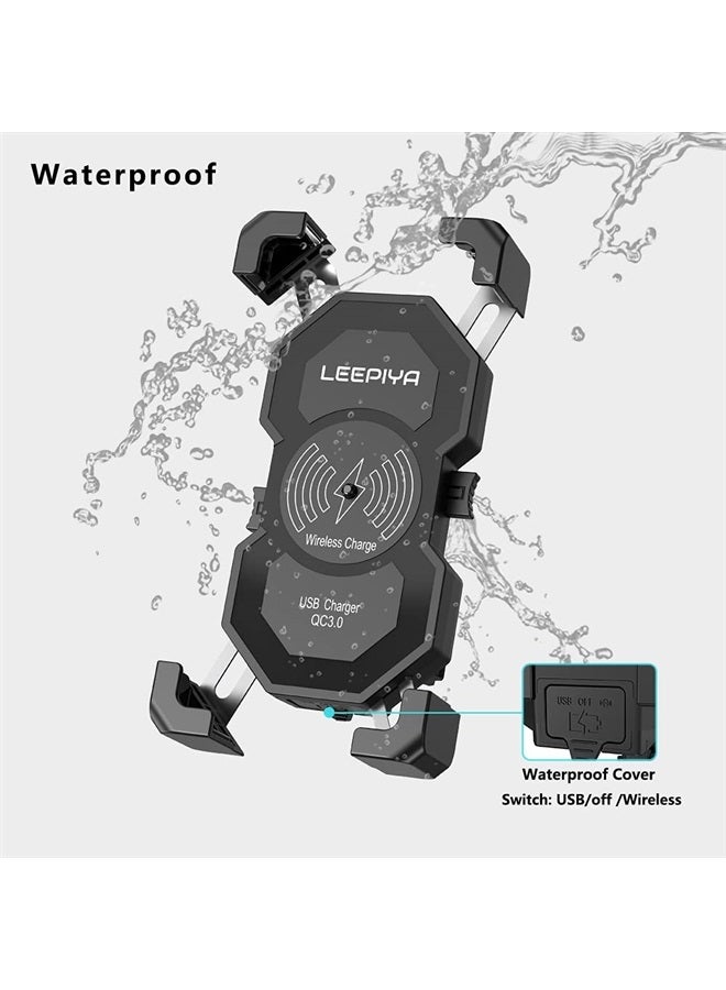 leepiya حامل هاتف دراجة نارية مطور مع شاحن لاسلكي و USB 15W شحن سريع للهاتف المحمول لحامل دراجة نارية ATV قارب سكوتر ثلجي متوافق مع iPhone 12 11 Xs MAX XR X 8 8P Samsung - Image 2
