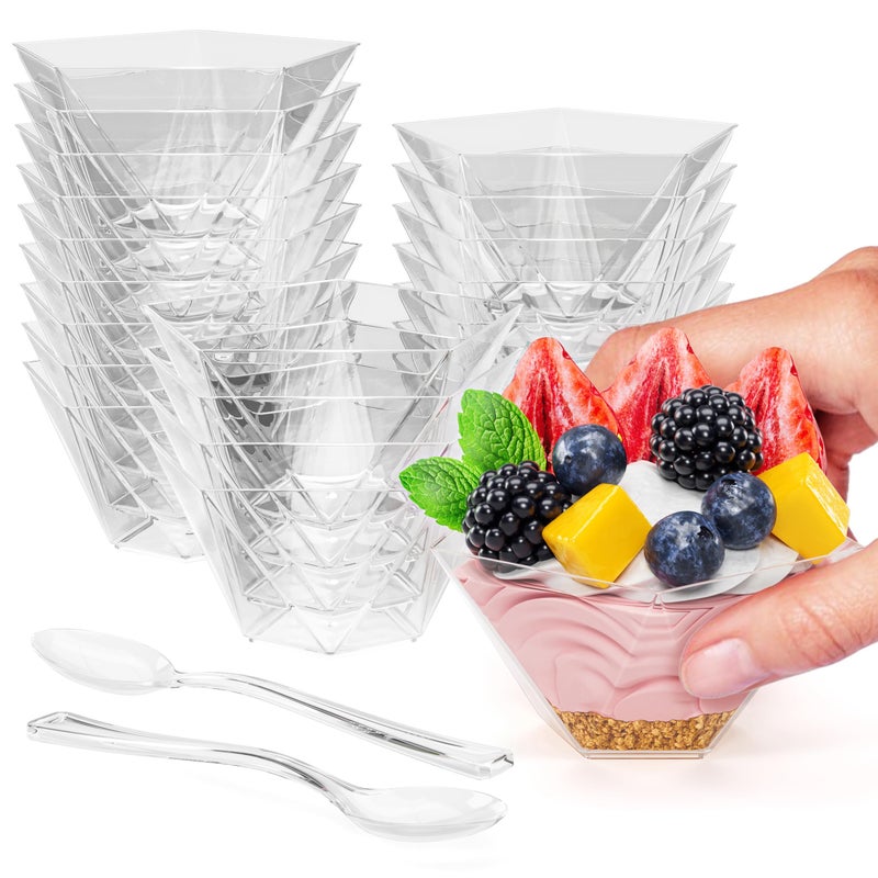 Exquisite Mini Dessert Cups With Spoons 200 Pcs  4 Oz Pentagon Clear Plastic Pudding Cup Disposable With Tasting Spoons 100 Sets  Mini Parfait  Appetizer for Party  Events