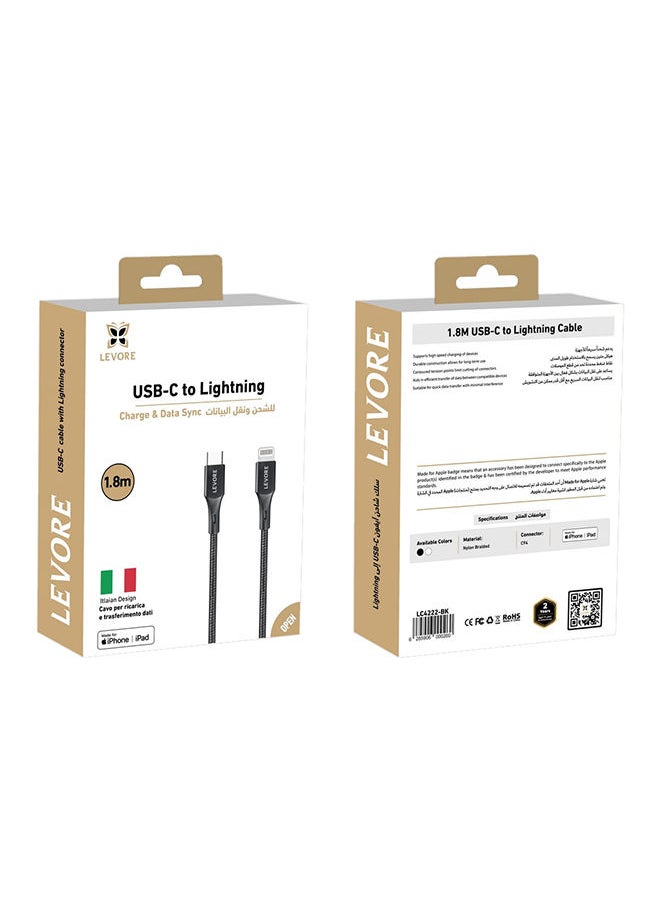 LEVORE - Levore USB-C to Lightning Nylon Cable MFI Certified 1.8m - Black - Image 1