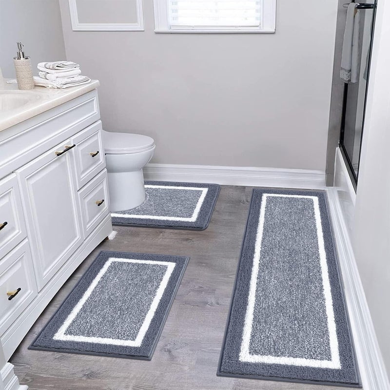 PAUWER Bathroom Rug Mat Set 3 Piece, Microfiber Shaggy Bath Set, Non-Slip Ultra Soft Carpet Mats, Absorbent with U-Shaped Toilet for Bathroom, Tub, Shower, Dark Grey - Image 1
