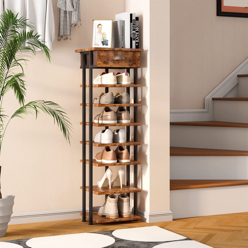 Homeiju Shoe Rack Organizer8Tier Vertical Shoe RackWooden Shoes Rack for EntrywayNarrow Shoe Rack Shoes Storage Organizer with Wooden Top  Drawer for Entryway HallwayRustic Brown