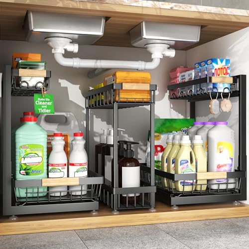 Sevenblue 3 Pack Under Sink Organizer Height Adjustable 2 Tier PullOut Metal Under Kitchen Sink Organizer MultiPurpose Storage Shelves for Kitchen Bathroom Cabinet Black - Image 1