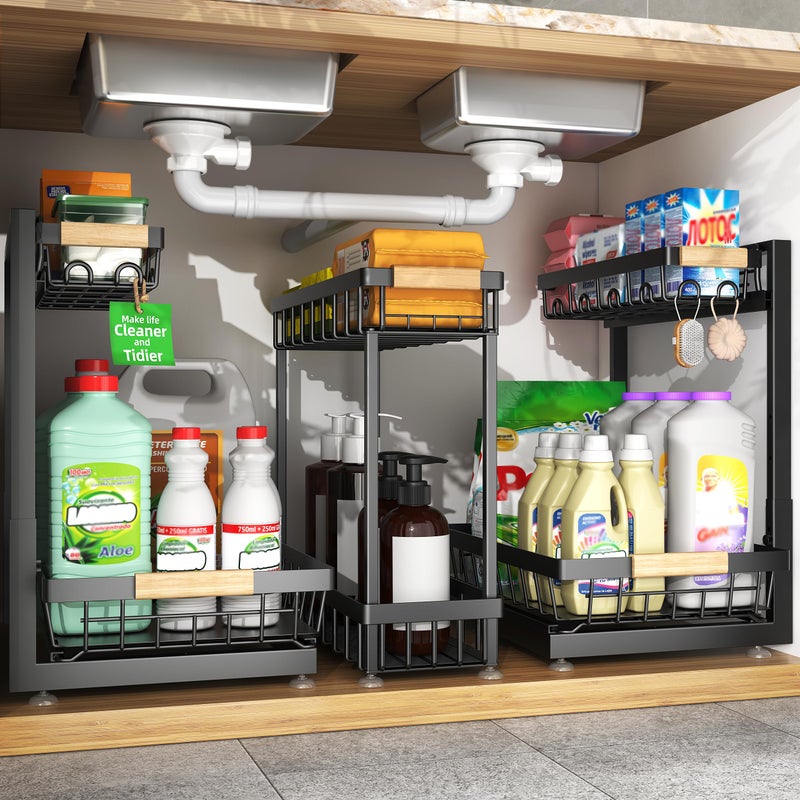 Sevenblue 3 Pack Under Sink Organizer Height Adjustable 2 Tier PullOut Metal Under Kitchen Sink Organizer MultiPurpose Storage Shelves for Kitchen Bathroom Cabinet Black - Image 2