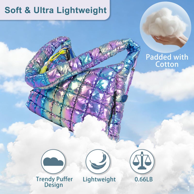 iSamzan Puffer Quilted Tote Bag for Women: Puffer Shoulder Crossbody Bags Purse for Women Mom Girls - Trendy Quilted Carryall Nylon Tote Bag with Zipper for Travel Work & Gym(Iridescent) - Image 3