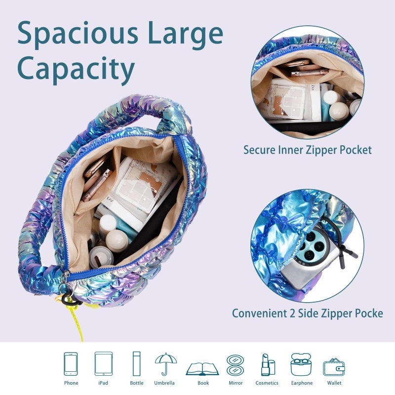 iSamzan Puffer Quilted Tote Bag for Women: Puffer Shoulder Crossbody Bags Purse for Women Mom Girls - Trendy Quilted Carryall Nylon Tote Bag with Zipper for Travel Work & Gym(Iridescent) - Image 5