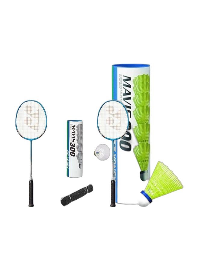 Yonex Yonex Muscle Power 8S Cyan 2UG4 & Mavis 350 White Slow Nylon Shuttlecock Bundle - 2 Racquets, 1 Mavis 350 White 6 Piece Tube & 1 Outdoor Net + Mavis 600 Blue Cap Medium Badminton Shuttlecock 6 Pack, Yellow Pack - Image 1