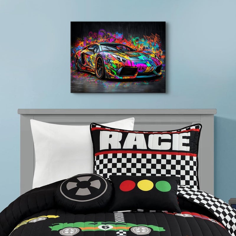 YOOOAHU Graffiti Lamborghini Wall Art Car Poster for Boys Room Decor Street Pop Cool Picture Colorful Supercar Canvas Prints Men Bedroom Living Room Race Vehicle Artwork Playroom Cave Home Decorations 12x16" - Image 2