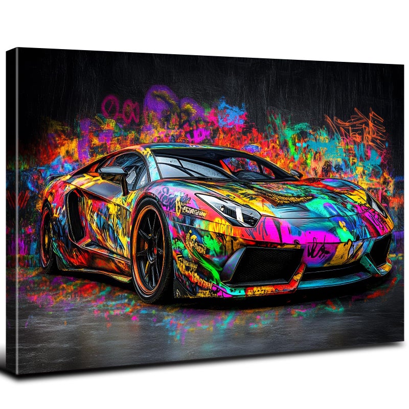 YOOOAHU Graffiti Lamborghini Wall Art Car Poster for Boys Room Decor Street Pop Cool Picture Colorful Supercar Canvas Prints Men Bedroom Living Room Race Vehicle Artwork Playroom Cave Home Decorations 12x16" - Image 1