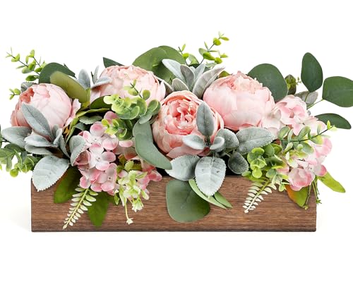 Scawim Pink Flower Centerpieces for Table, Pre-Made Artificial Peony Hydrangea Centerpieces for Dining Table Wood Fake Flowers Decorations for Wedding Living Room Office Bar Kitchen Table - Image 1