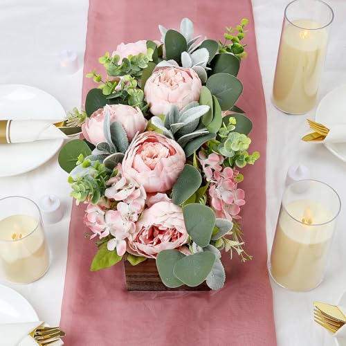 Scawim Pink Flower Centerpieces for Table, Pre-Made Artificial Peony Hydrangea Centerpieces for Dining Table Wood Fake Flowers Decorations for Wedding Living Room Office Bar Kitchen Table - Image 4