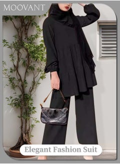 Moovant Women's Muslim Abaya Clothes, Shirt and Pants Suit Set, Round Neck Pleated Shirt Blouse, Wide Leg Pants Suits, Turkey Kaftan Tracksuits, Black  - Image 1