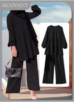 Moovant Women's Muslim Abaya Clothes, Shirt and Pants Suit Set, Round Neck Pleated Shirt Blouse, Wide Leg Pants Suits, Turkey Kaftan Tracksuits, Black  - Image 2