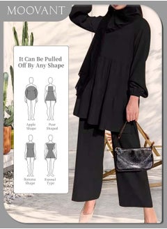 Moovant Women's Muslim Abaya Clothes, Shirt and Pants Suit Set, Round Neck Pleated Shirt Blouse, Wide Leg Pants Suits, Turkey Kaftan Tracksuits, Black  - Image 3