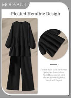 Moovant Women's Muslim Abaya Clothes, Shirt and Pants Suit Set, Round Neck Pleated Shirt Blouse, Wide Leg Pants Suits, Turkey Kaftan Tracksuits, Black  - Image 4