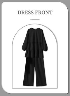 Moovant Women's Muslim Abaya Clothes, Shirt and Pants Suit Set, Round Neck Pleated Shirt Blouse, Wide Leg Pants Suits, Turkey Kaftan Tracksuits, Black  - Image 5