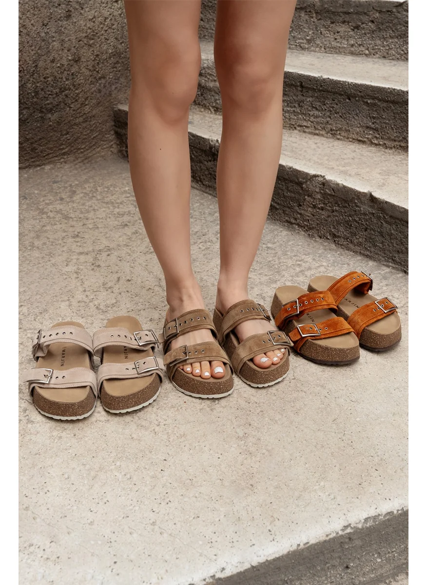 مارجين Women's Genuine Leather Double Banded Cork Sole Casual Slippers Merga