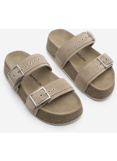 MARJIN Women's Genuine Leather Double Banded Cork Sole Casual Slippers Merga  - Image 3
