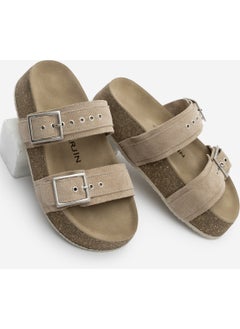 MARJIN Women's Genuine Leather Double Banded Cork Sole Casual Slippers Merga  - Image 1