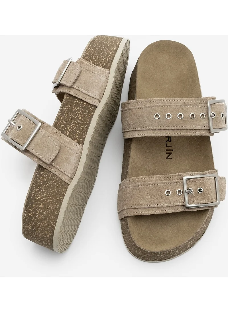 مارجين Women's Genuine Leather Double Banded Cork Sole Casual Slippers Merga