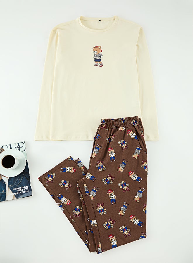 trendyol Stone - Brown Regular Fit Teddy Bear Printed Knitted Pajama Set - Image 1