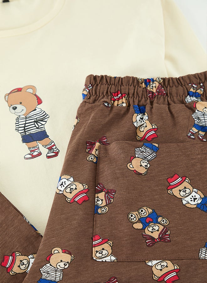 trendyol Stone - Brown Regular Fit Teddy Bear Printed Knitted Pajama Set - Image 2