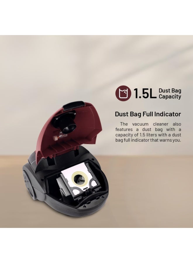 2200W High Power Canister Vacuum Cleaner  1.5L Bagged Vacuum with Reusable Dust Bag  Low Noise Motor Automatic Cord Rewind & Dust Full Indicator - Image 2