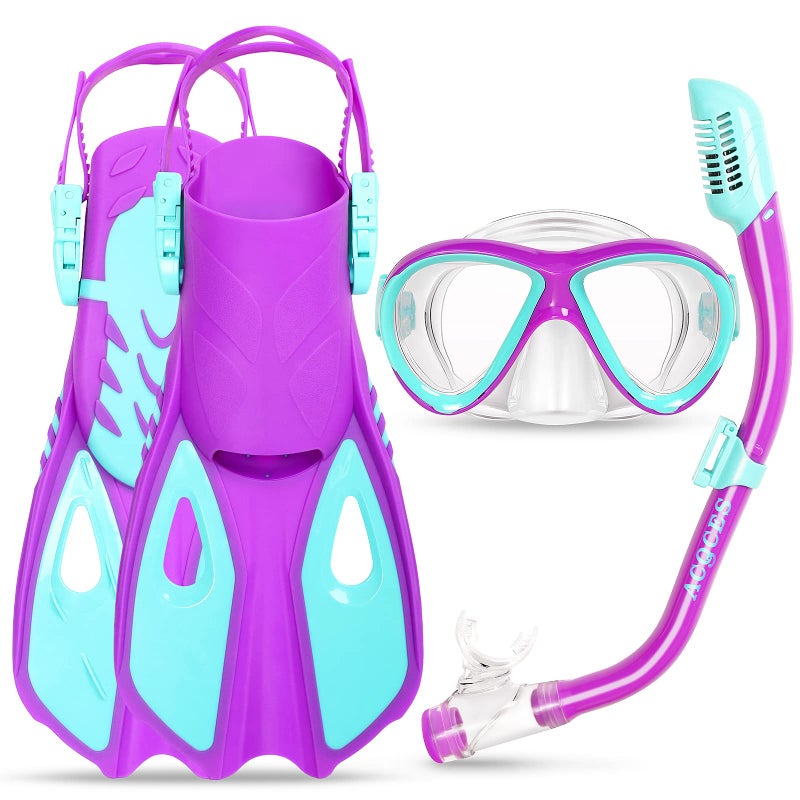 ACQCES Snorkeling Gear for Kids Ages 5-15, 4 in 1 Mask Fins Snorkel Set with HD Tempered Glass Panoramic View Anti-Fog Mask, Dry Top Snorkel, Adjustable Trek Fins, and Mesh Bag, Kids Snorkel Set for Youth - Image 1