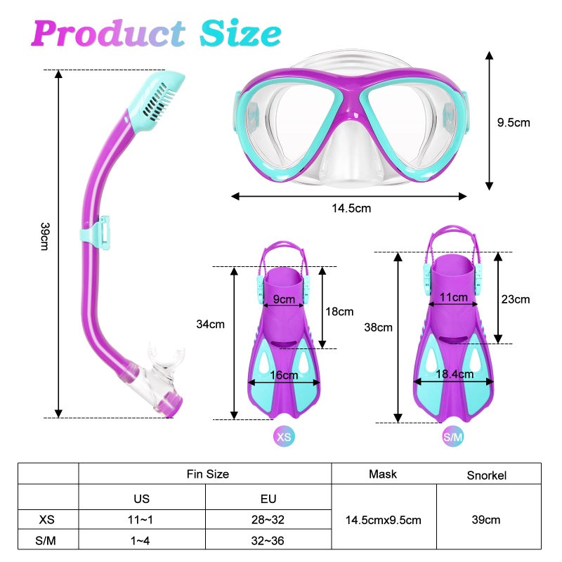 ACQCES Snorkeling Gear for Kids Ages 5-15, 4 in 1 Mask Fins Snorkel Set with HD Tempered Glass Panoramic View Anti-Fog Mask, Dry Top Snorkel, Adjustable Trek Fins, and Mesh Bag, Kids Snorkel Set for Youth - Image 5