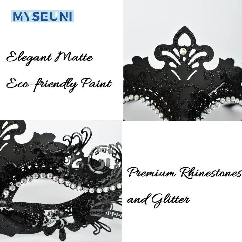 MYSEUNI Black Masquerade Masks for Couples - Shiny Rhinestone Metal Filigree Venetian Mask & Mens Venetian Mask for Halloween Party Mardi Gras Masquerade Ball Themed Prom - Image 2