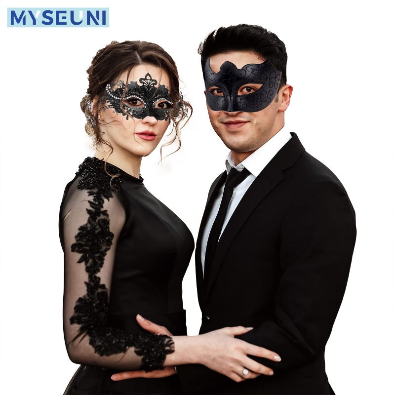 MYSEUNI Black Masquerade Masks for Couples - Shiny Rhinestone Metal Filigree Venetian Mask & Mens Venetian Mask for Halloween Party Mardi Gras Masquerade Ball Themed Prom - Image 4