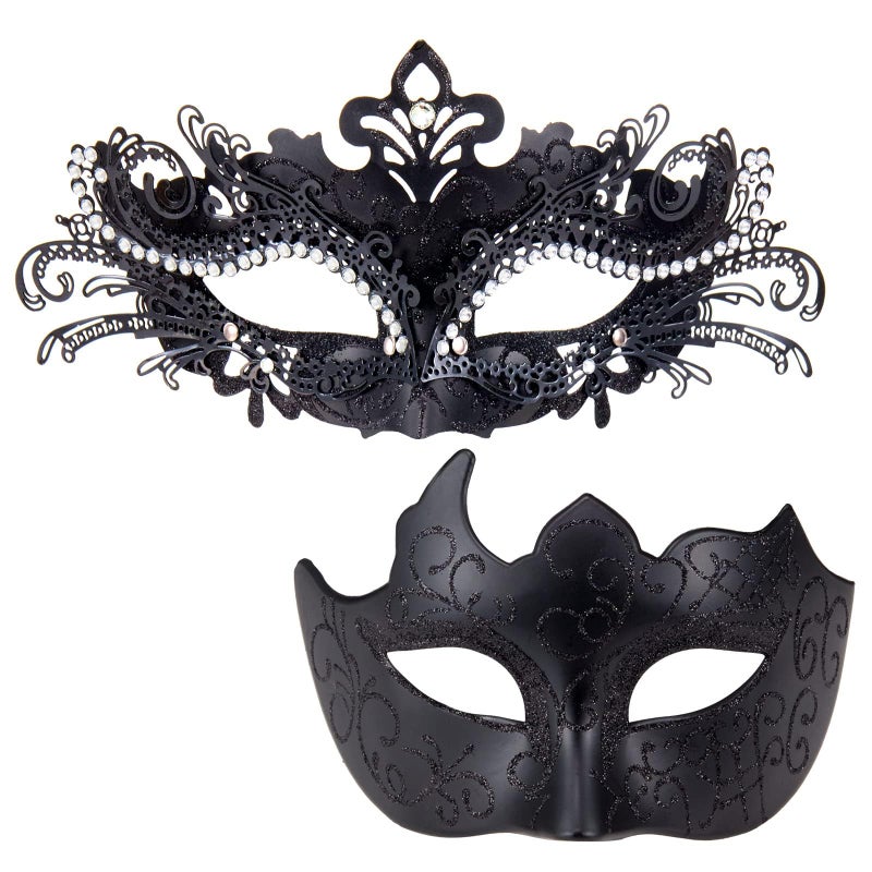 MYSEUNI Black Masquerade Masks for Couples - Shiny Rhinestone Metal Filigree Venetian Mask & Mens Venetian Mask for Halloween Party Mardi Gras Masquerade Ball Themed Prom - Image 1