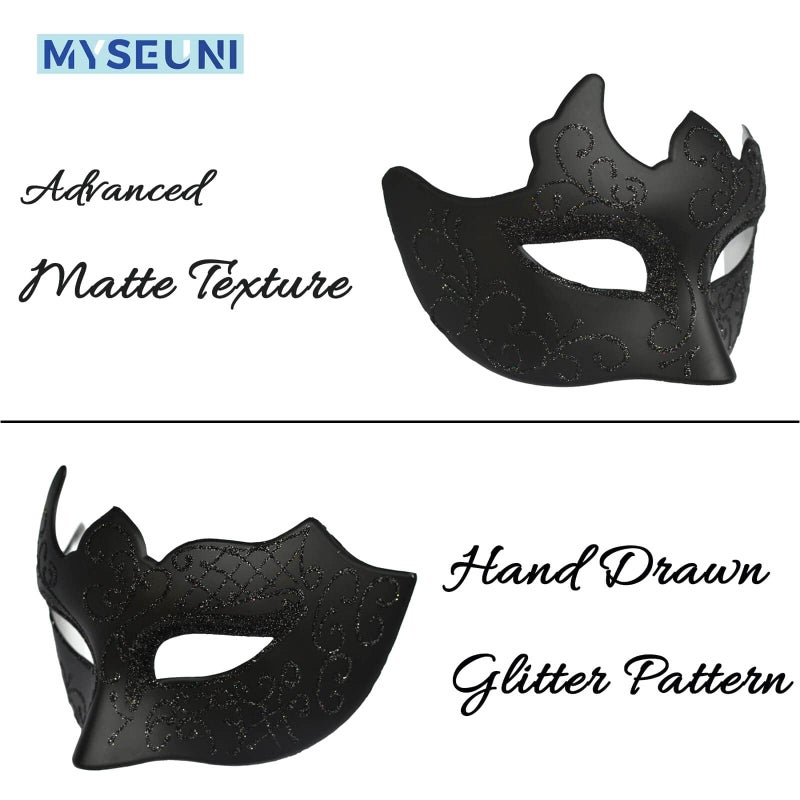 MYSEUNI Black Masquerade Masks for Couples - Shiny Rhinestone Metal Filigree Venetian Mask & Mens Venetian Mask for Halloween Party Mardi Gras Masquerade Ball Themed Prom - Image 3