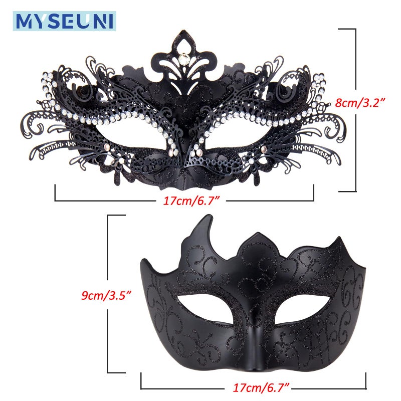 MYSEUNI Black Masquerade Masks for Couples - Shiny Rhinestone Metal Filigree Venetian Mask & Mens Venetian Mask for Halloween Party Mardi Gras Masquerade Ball Themed Prom - Image 5