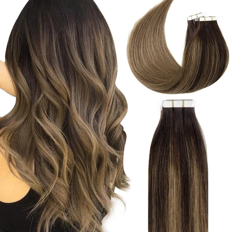 Lacer Brown Tape in Human Hair Extensions Natural Balayage Seamless Double Side PU Skin Weft Glue in Hair Extensions 100 Real Virgin Hair Ombre Darkest Brown to Chestnut Brown Color 50g 20pcsset