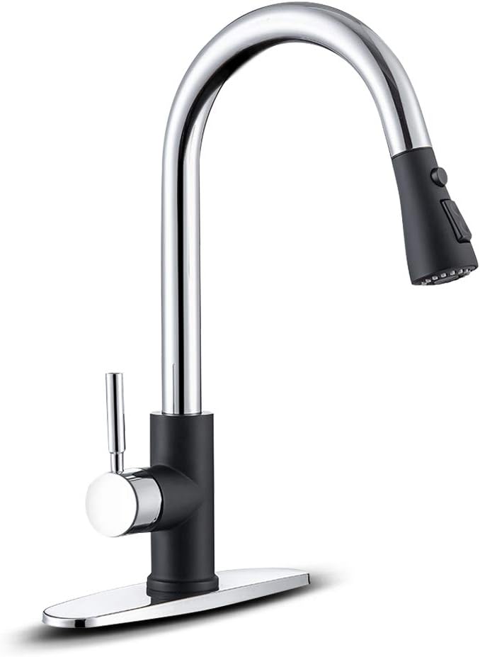 WEWE Kitchen Sink Faucet, Pull Down Kitchen Faucet, Black and Chrome Kitchen Faucet with Sprayer Stainless Steel Single Handle one or Three Hole for Laundry bar Kitchen Sinks - Image 1