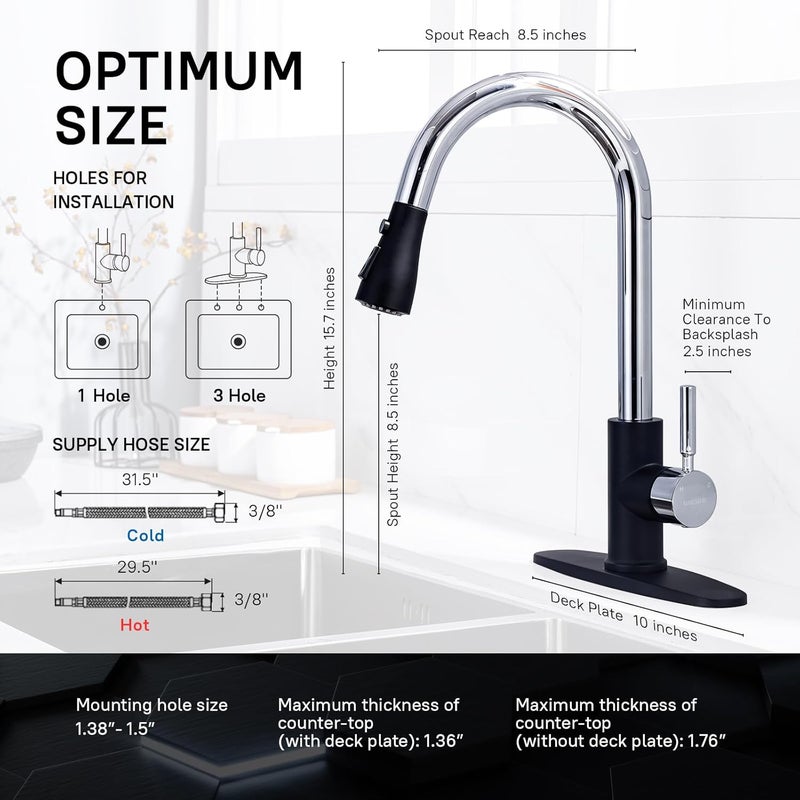 WEWE Kitchen Sink Faucet, Pull Down Kitchen Faucet, Black and Chrome Kitchen Faucet with Sprayer Stainless Steel Single Handle one or Three Hole for Laundry bar Kitchen Sinks - Image 2