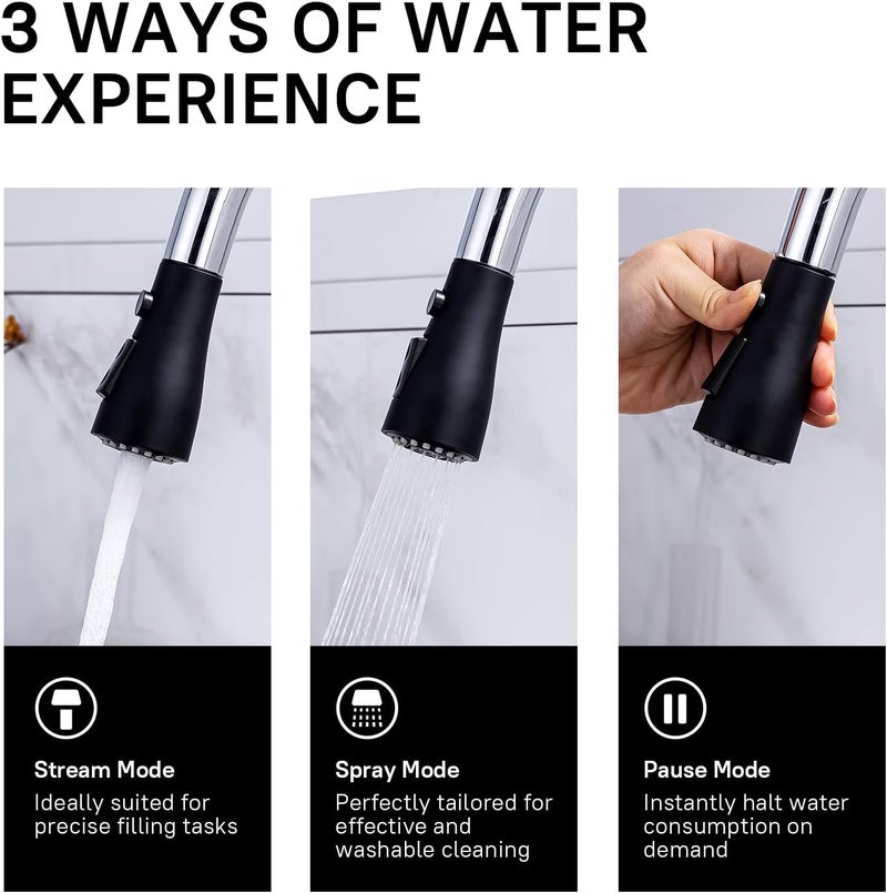 WEWE Kitchen Sink Faucet, Pull Down Kitchen Faucet, Black and Chrome Kitchen Faucet with Sprayer Stainless Steel Single Handle one or Three Hole for Laundry bar Kitchen Sinks - Image 5