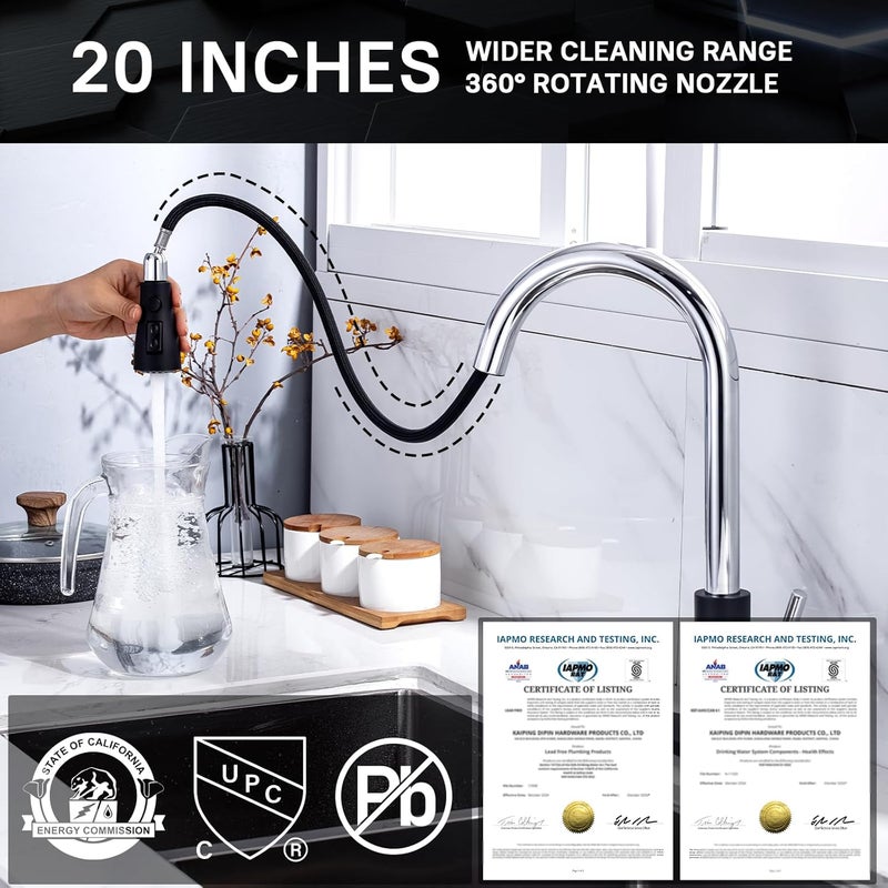 WEWE Kitchen Sink Faucet, Pull Down Kitchen Faucet, Black and Chrome Kitchen Faucet with Sprayer Stainless Steel Single Handle one or Three Hole for Laundry bar Kitchen Sinks - Image 3