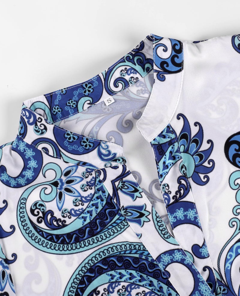 SELINK Womens Long Sleeve Dresses Casual V Neck Tribal Print Button Flowy Boho Mini Beach Dress White Blue Tribal-L - Image 4