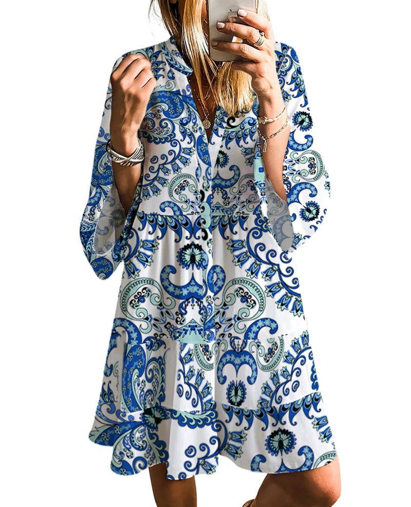 SELINK Womens Long Sleeve Dresses Casual V Neck Tribal Print Button Flowy Boho Mini Beach Dress White Blue Tribal-L - Image 1